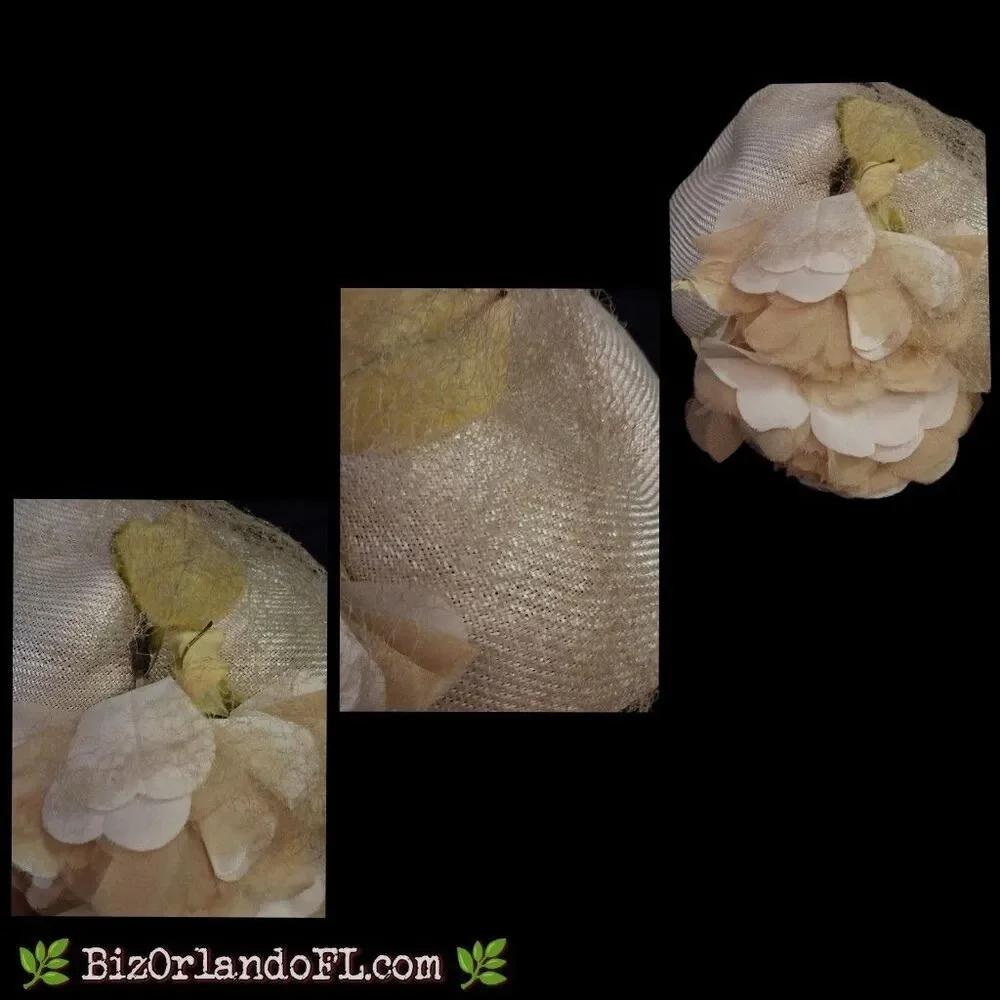 VINTAGE: 1950s Voguemont Cream Straw Pillbox Hat Flower Veil Goldblatts Tag MCM